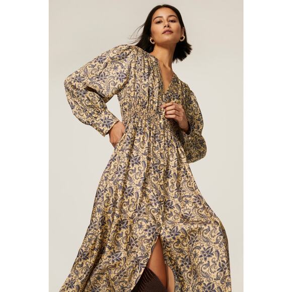 SANDRO Yellow Floral Print Deep V-Neck Airy Puffed Sleeves Midi Dress Size 40 - Picture 3 of 14
